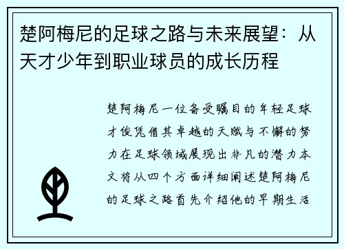 楚阿梅尼的足球之路与未来展望：从天才少年到职业球员的成长历程