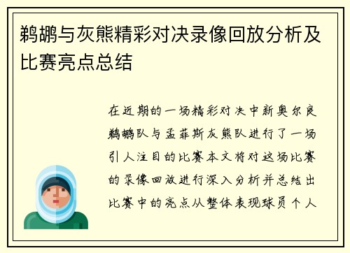 鹈鹕与灰熊精彩对决录像回放分析及比赛亮点总结