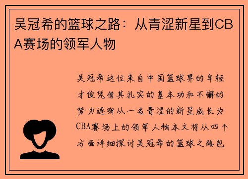 吴冠希的篮球之路：从青涩新星到CBA赛场的领军人物