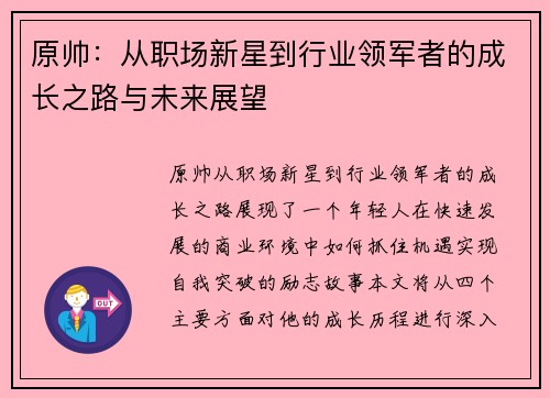 原帅：从职场新星到行业领军者的成长之路与未来展望