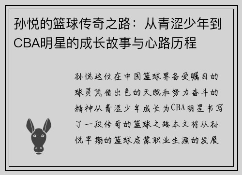 孙悦的篮球传奇之路：从青涩少年到CBA明星的成长故事与心路历程