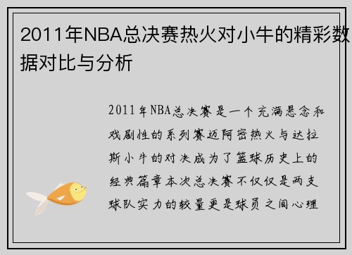 2011年NBA总决赛热火对小牛的精彩数据对比与分析