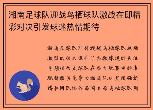 湘南足球队迎战鸟栖球队激战在即精彩对决引发球迷热情期待