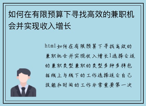 如何在有限预算下寻找高效的兼职机会并实现收入增长