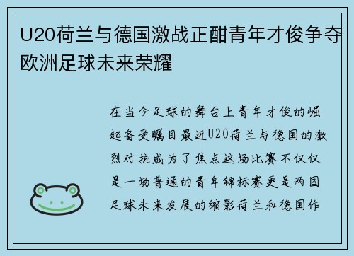 U20荷兰与德国激战正酣青年才俊争夺欧洲足球未来荣耀