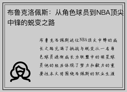 布鲁克洛佩斯：从角色球员到NBA顶尖中锋的蜕变之路