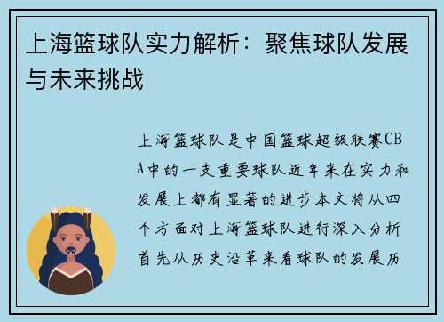 上海篮球队实力解析：聚焦球队发展与未来挑战