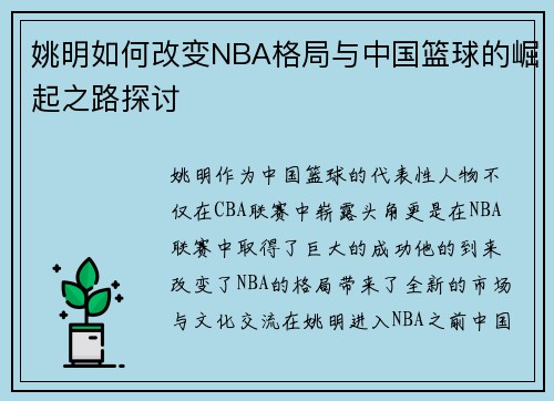 姚明如何改变NBA格局与中国篮球的崛起之路探讨