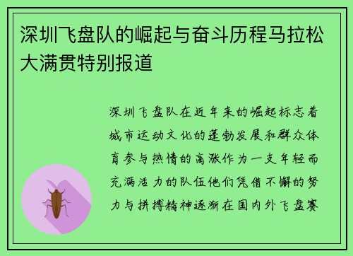 深圳飞盘队的崛起与奋斗历程马拉松大满贯特别报道