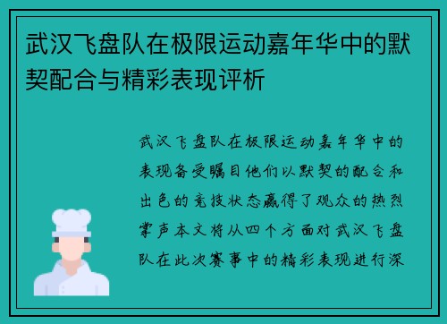 武汉飞盘队在极限运动嘉年华中的默契配合与精彩表现评析