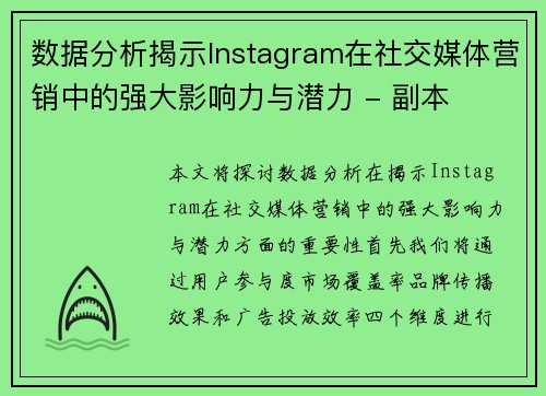 数据分析揭示Instagram在社交媒体营销中的强大影响力与潜力 - 副本