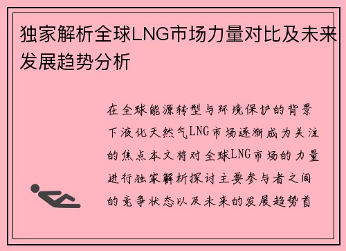 独家解析全球LNG市场力量对比及未来发展趋势分析