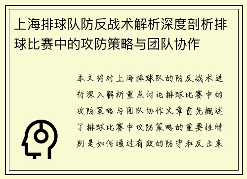 上海排球队防反战术解析深度剖析排球比赛中的攻防策略与团队协作