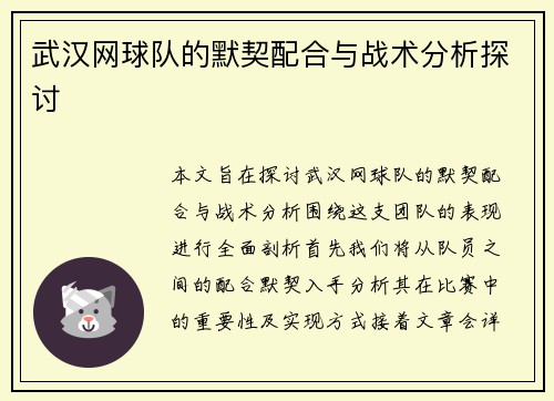 武汉网球队的默契配合与战术分析探讨